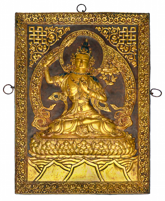 Designed in the 13th/14th century as a decoration for a large stupa, this Tibetan frieze of Avalokiteshvara in Dhyanasana is backed by a manorial and flanked by symbolic foliage, 22 7/8in. x 17in. Estimate: $30,000-$50,000. Gianguan Auctions image